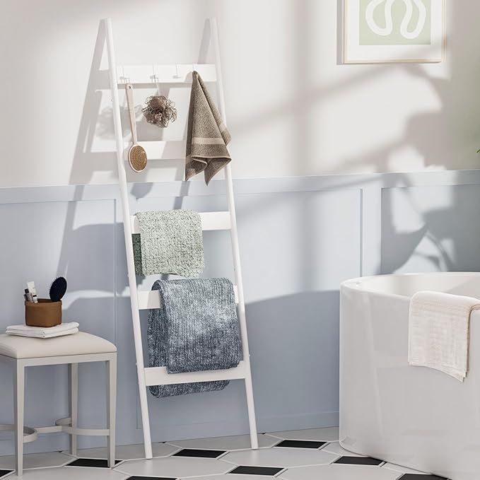 Blanket Ladder, 5-Tier Towel Holder with 4 Removable Hooks, Farmhouse Wall Leaning Decorative Rack Shelf, Wooden Towel Displa