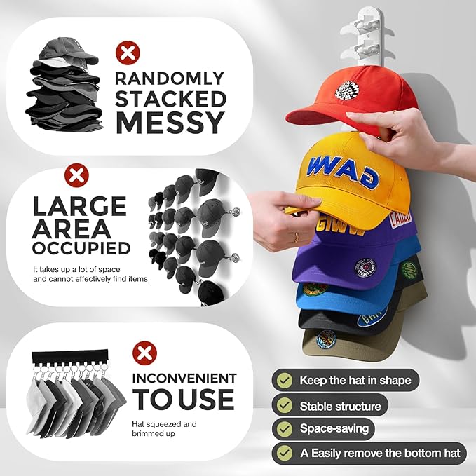 2 Pack Hat Organizer for Baseball Caps, Hat Rack for Wall Hold Up to 20 Hats, Hat Holder with Strong Adhesive and Screws, Hat