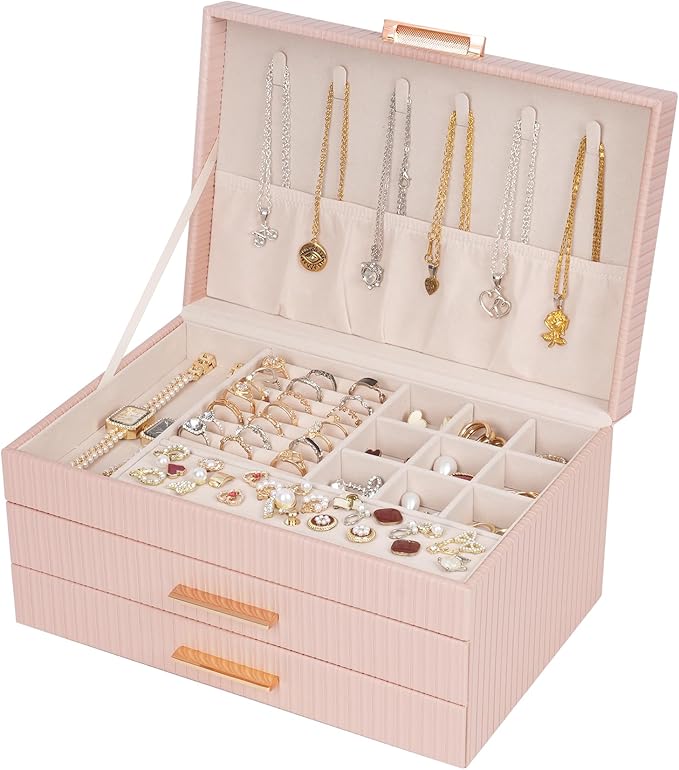Dajasan Jewelry Box Organizer, 3-Tier Jewelry Storage Organizer with 2 Drawers, Large Jewelry Box for Girls Women, PU Leather