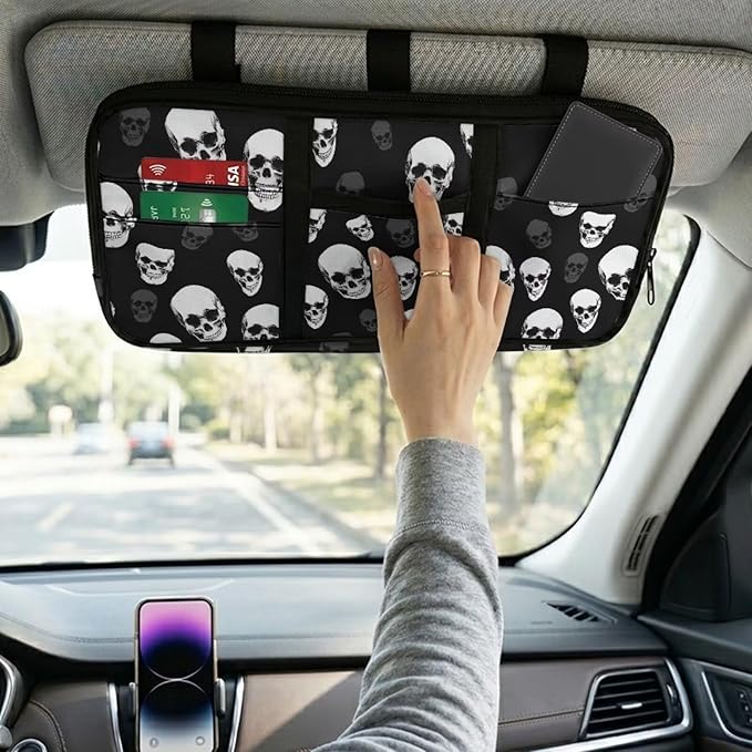 Skull Zippered Car Sun Visor Organizer Bling with Adjustable Straps and Multi-Pocket Car Visor Storage Accessories with Picture Holder Easy Installation Universal Fit for Most Cars SUV