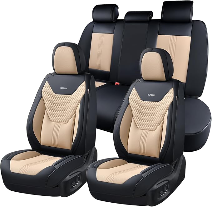 Coverado Car Seat Covers Full Set, Front Seat Covers with Lumbar Support and Back Seat Cover Waterproof Leather Automotive Se