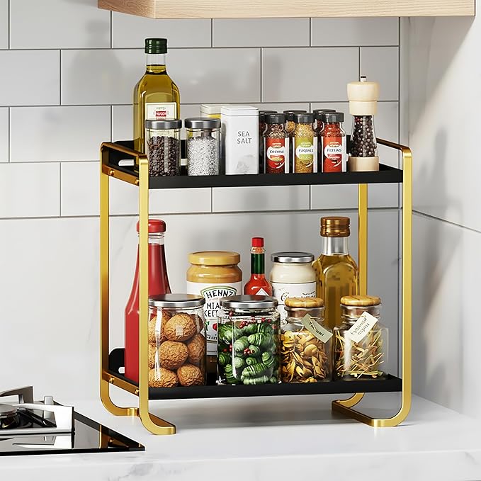 2-Tier Black and Gold Carbon Steel Bathroom Counter Organizer - Skincare Cosmetic Display Tray for Perfume, Makeup, Bathroom,
