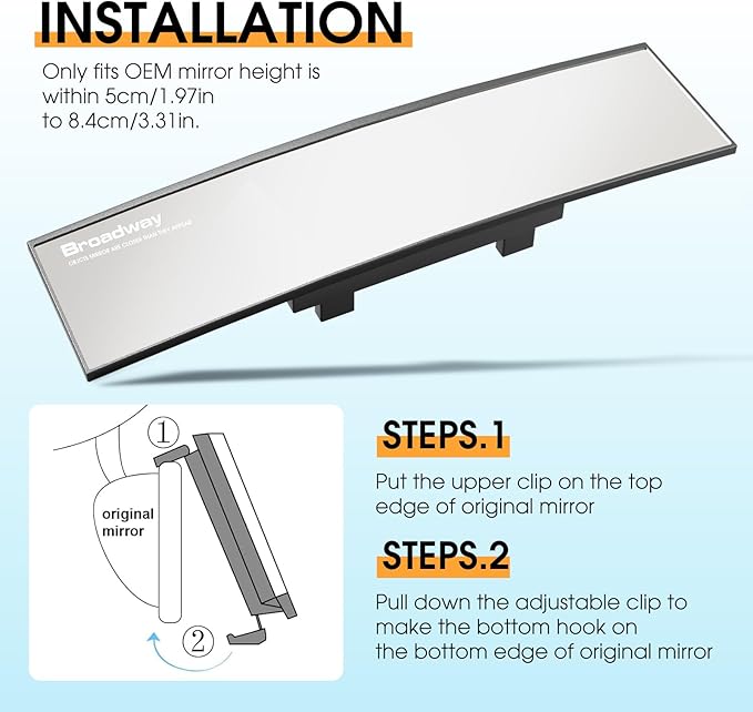 Broadway Car Rear View Mirror HD Anti Glare Universal 12 Inch large Field of View Panoramic Rearview Mirror with Wide Angle Blue Tint for Car SUV and Truck12 Inch White