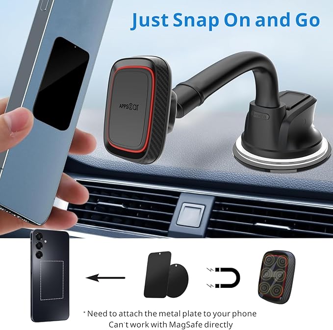 APPS2Car Magnetic Car Phone Holder Mount [6 Strong Magnets], Cell Phone Holder Car [Suction Cup], Phone Car Holder Mount [Windshield Dashboard] fit for Most Smartphones