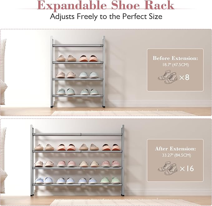 Bumusty 4-Tier Expandable Shoe Rack for Closet, 18“-33” Adjustable Shoe Rack for Small Space, Small Shoe Organizer for Front 