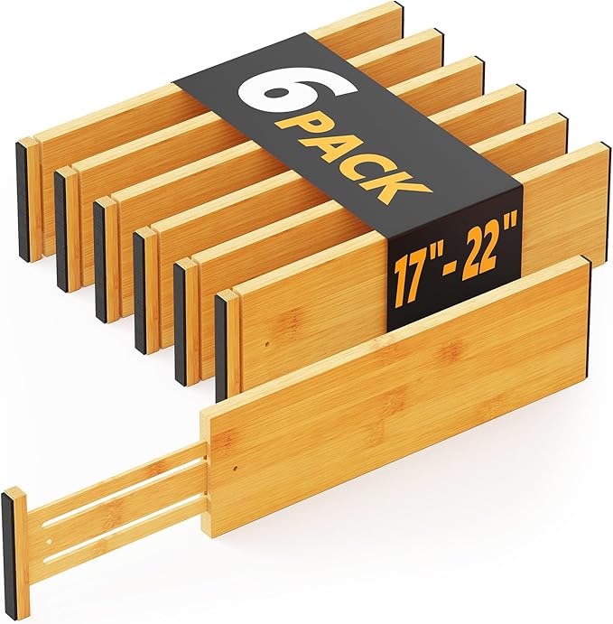SpaceAid Bamboo Dresser Drawer Dividers 6 Pack, 4.65“ High Adjustable 17“-22” Drawer Organizers, Expandable Organization for 