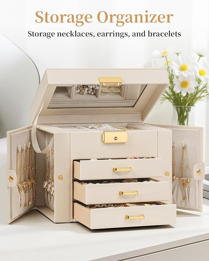 TORIBIO Jewelry Box for Women, Leather Jewelry Organizer with Mirror & Lock, 4-Tier Jewelry Storage Organizer with 3 Drawers 
