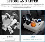 Car Back Seat Organizer, Leather Automotive Rear Seat Couch Cup Holder Expander Tray, Vehicle Cup Holder Tray Holds Snacks Remotes Phones for Truck RV Boat Couch Pillow Bed (Gray)