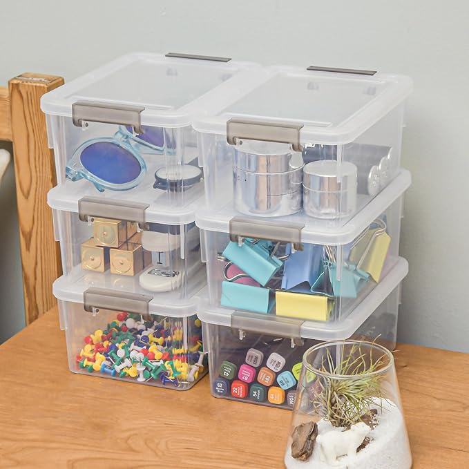 Anywish 8 Packs Small Storage Bins 1.3 QT Plastic Storage Container Stackable Box with Lids for Organizing, Clear White