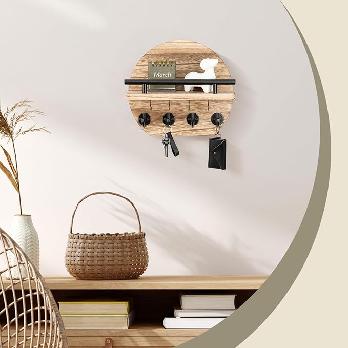 Nekon Key Holder for Wall - 9.8 Inch Apartment Wall Decor with Shelf and 8 Key Hooks, Circular Wood Key Hanger for Home Decor