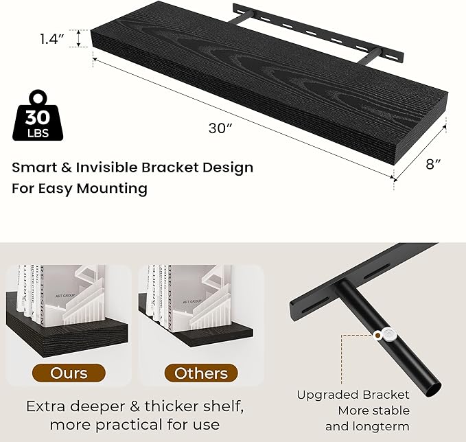 Dreamland 30 Inch Long Floating Shelves in White,8 Inch Deep Floating Shelf for Wall,Large Display & Storage Shelf, Wall Shel