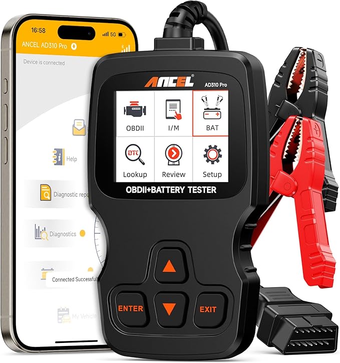 ANCEL AD310 Pro 2-in-1 OBD2 Scanner & Car Battery Tester, Diagnostic Tool with Bluetooth APP for iPhone & Android,