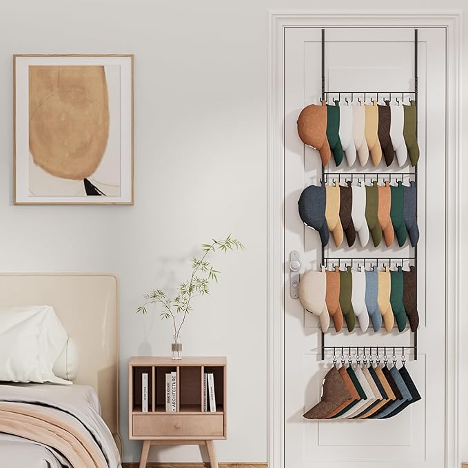 HapiRm Over the Door Hat Organizer - 4 Tier Wall Mounted Hat Rack with 24 Hooks and 10 Movable Clips, Hanging Baseball Cap Or