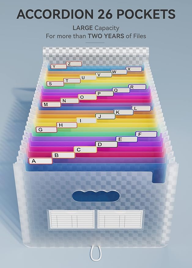 ABC life 26 Pockets Accordion File Organizer, Expanding File Folder, Portable Monthly Paper Bill Tax Receipt Organizer, Lette
