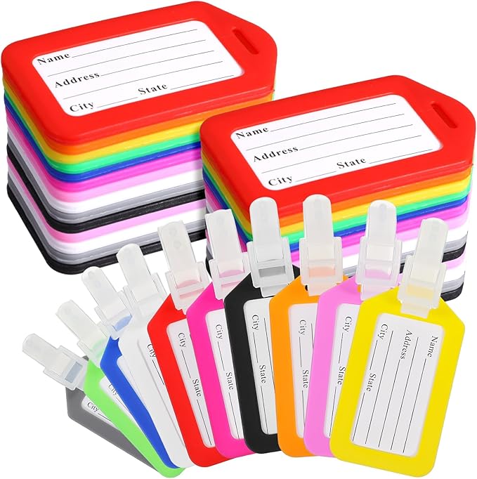 200 Pcs Luggage Tags, 10 Color Plastic Baggage ID Tags Pack Name with Blank Inserts for Suitcases, Backpacks, and Travel Bags