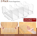 SURETIVIAN 2-Pack Purse Organizers for Closet, Adjustable Small Shelf Divider Rack for Closet, Clear Handbag Storage Organize