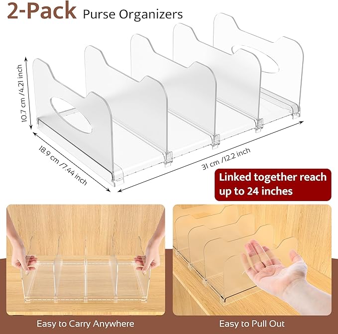 SURETIVIAN 2-Pack Purse Organizers for Closet, Adjustable Small Shelf Divider Rack for Closet, Clear Handbag Storage Organize