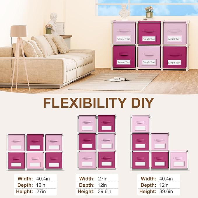 Geelin 6 Pink Cube Storage Organizer with Fabric Bins and Labels, 11 Inch Collapsible Toy Organizer Shelf Storage Bins Dresse