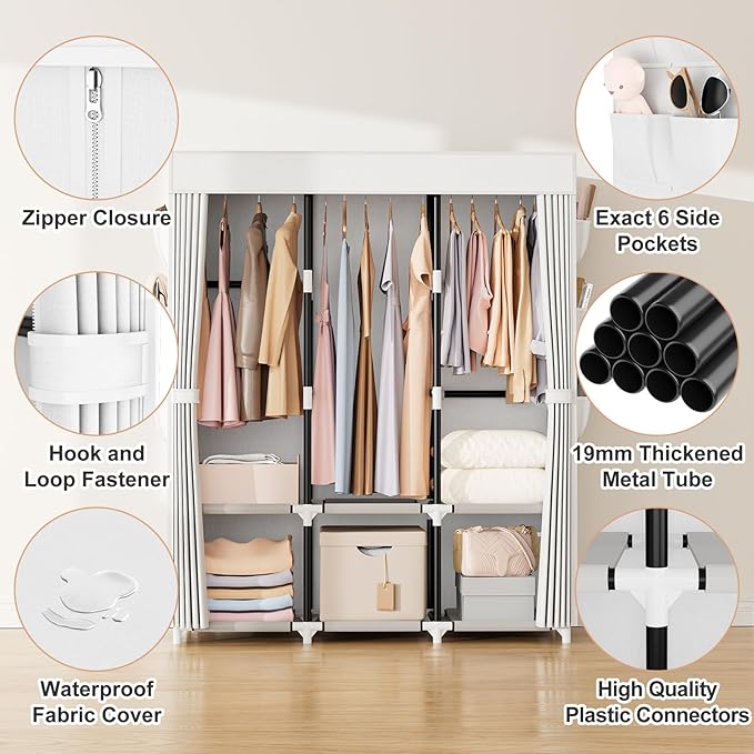 VTRIN Portable Closet Wardrobe for Hanging Clothes Closet with Cover, 3 Hanging rods, 6 Storage Shelves and Side Pocket, Diam