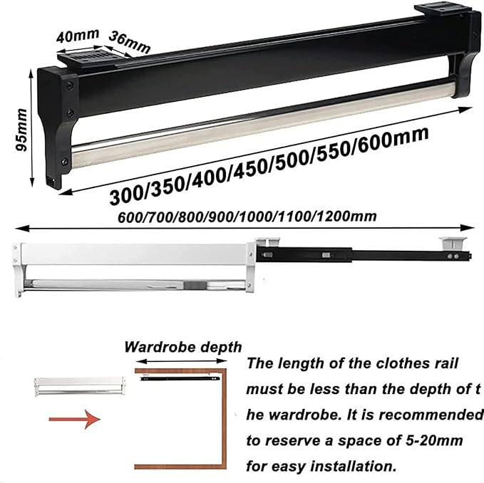 Pull Out Clothes Rail Extendable Pull Out Closet Rod - Sliding Wardrobe Closet Rod, Adjustable 30-60Cm Closet Rails, Extendab