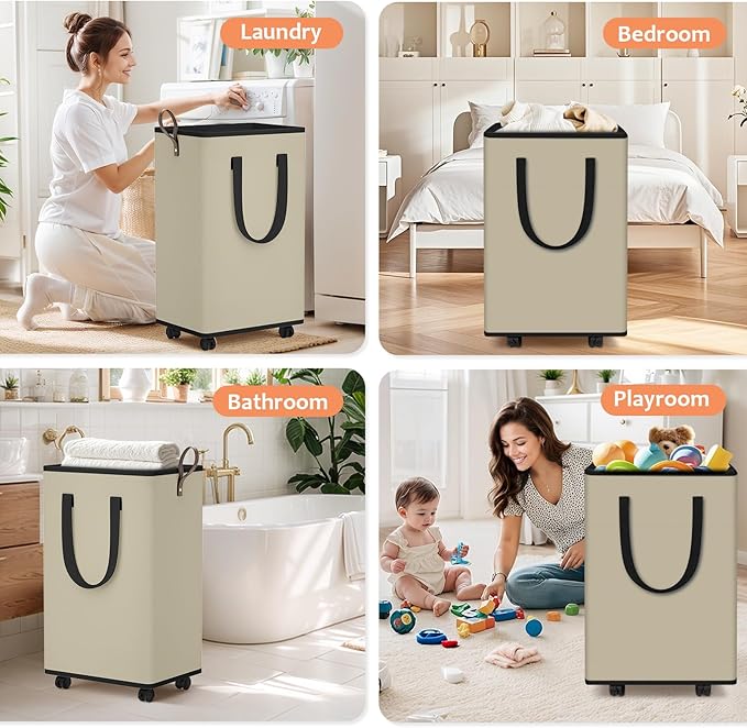SpaceTrove Laundry Basket with Wheels, Collapsible Laundry Baskets, Laundry Hamper with Handles Detachable Wheels, Rolling La