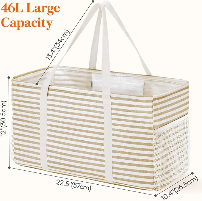 Lifewit Extra Large Tote Bag, Reusable Grocery Bags with Metal Wire Frame and Handles, Standing Utility Foldable Shopping Bags for Storage, Picnics, Beach, Laundry, Car, 46L, 1 Pack, Beige
