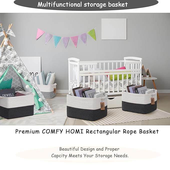 COMFY-HOMI 3PACK Cotton Rope Square Basket with Handles for Shelves| Storage|Baby Basket for Gif|Shoe basket for Organizing|N