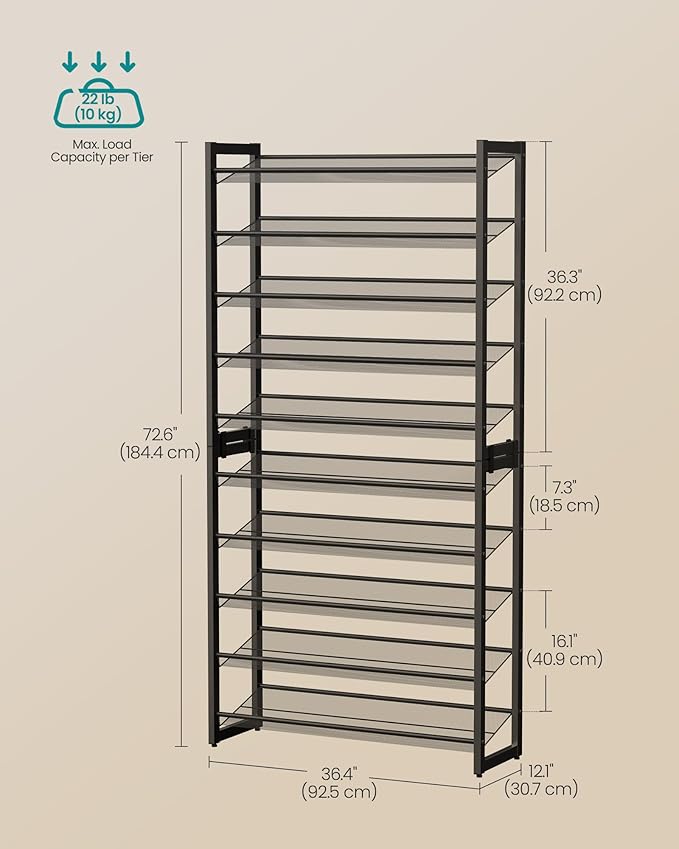 SONGMICS Shoe Rack, 10-Tier Shoe Organizer, Metal Rack for Garage, Set of 2, 5-Tier Stackable Shelf, with Adjustable Flat or 