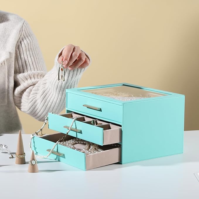 Frebeauty Clear Lid Jewelry Box,3-Layer Jewelry Organizer with Drawer,PU Leather Jewelry Organizers and Storage,Jewelry Boxes