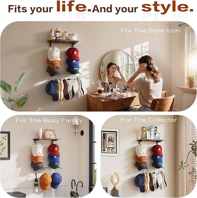 Keebofly Wall Hat Rack with Shelf, Multi-function Baseball Cap Organizer & Holder with 12 Hooks，Displays & Stores 60+ Caps, M