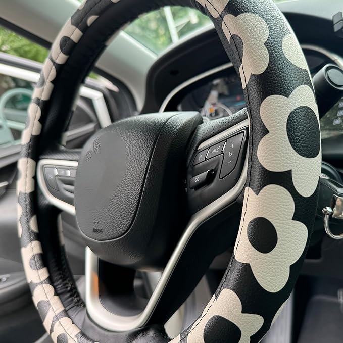 Vintage Groovy Flowers Car Leather Steering Wheel Cover - 15-inch Universal Microfiber- Soft & Breathable & Silicone Anti Sli