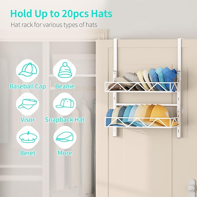 HapiRm Over the Door Hat Organizer - 2 Tier Wall Mounted Hat Rack with 2 Adjustable Metal Basket, Baseball Caps Organizer Sto