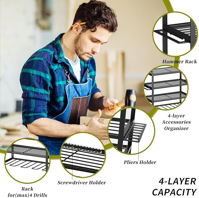 KAFAHOM Power Tool Organizer,4 Layer Drill Holders Wall Mount,Heavy Duty Metal Organizers and Storage Rack for Garage Organiz