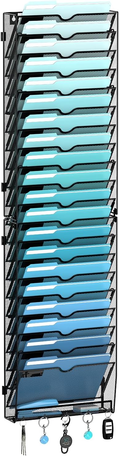 21-Tier Hanging Wall File Organizer with 5 Hooks, Wall File Holder with Labels, Vertical Wall Mount Mail Organizer for Papers