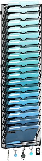 21-Tier Hanging Wall File Organizer with 5 Hooks, Wall File Holder with Labels, Vertical Wall Mount Mail Organizer for Papers