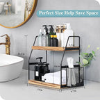 Bathroom Counter Organizer, 2-Tier Standing Storage Shelf with Basket, Wood Tray for Skincare Vanity Organizer