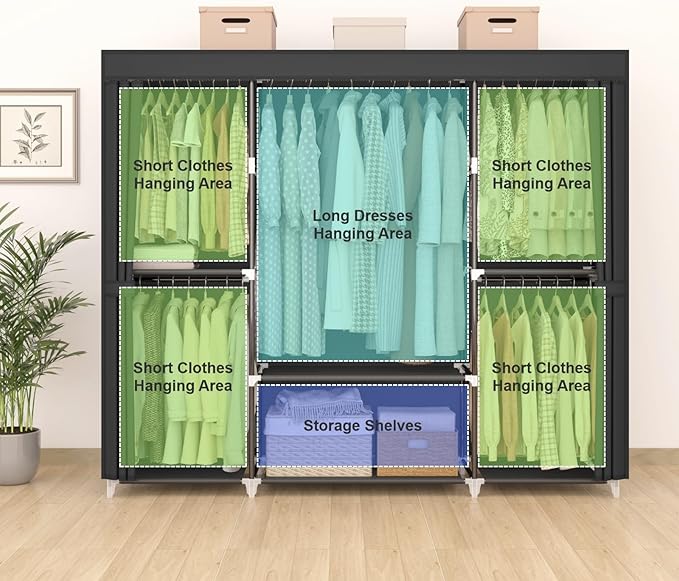 MOGELAFOO 64.5" Closet Wardrobe, Portable Closet for Bedroom, Freestanding Clothes Rack with Non-Woven Fabric Cover, 5 Hangin