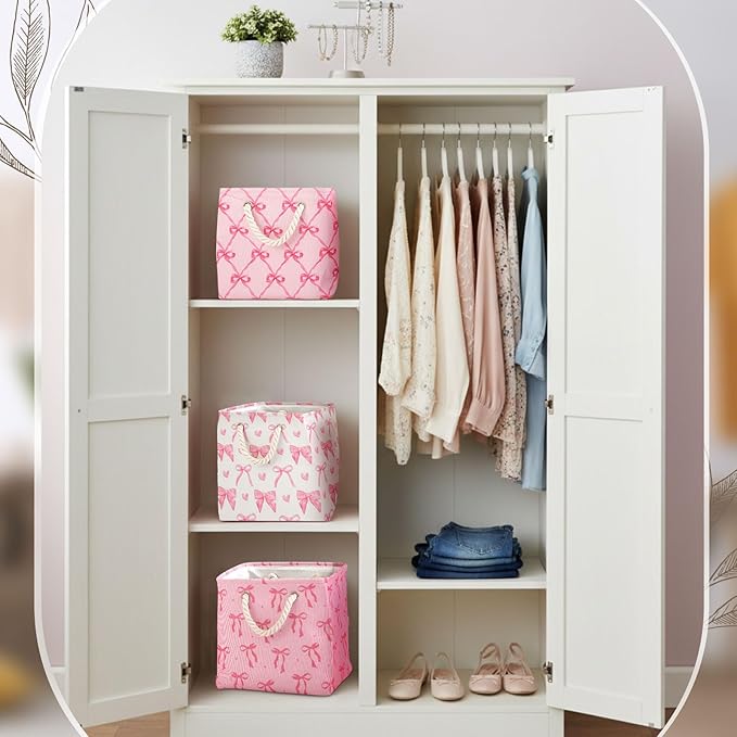 Geiserailie 6 Pcs 13 x 13 Inch Pink Cube Storage Bins Bow Fabric Storage Organizer Bins Foldable Cube Baskets with Sturdy Car