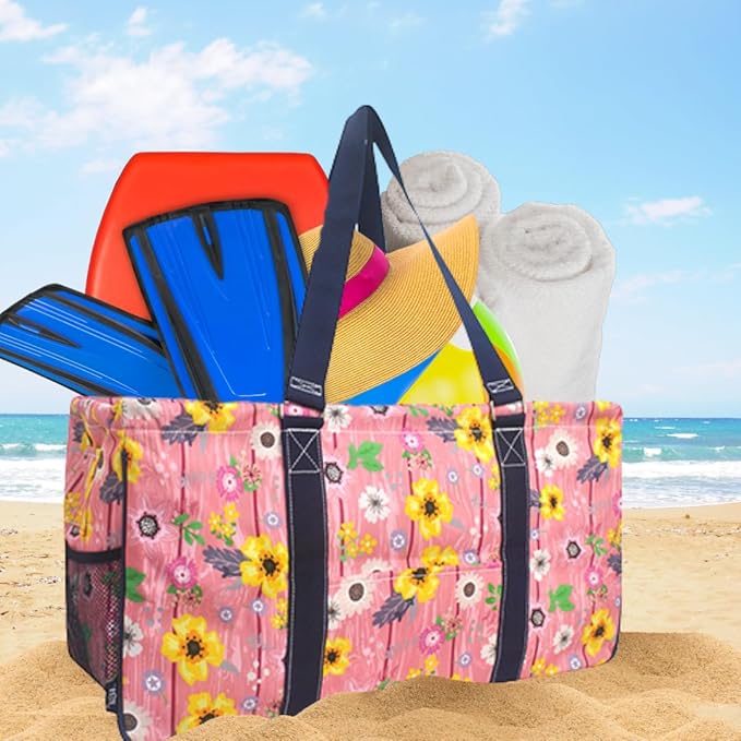 NGIL Extra Large Utility Tote Reusable Grocery Bag Oversized Collapsible for Groceries, Storage, Picnic, Beach (Country Flowers-Navy)