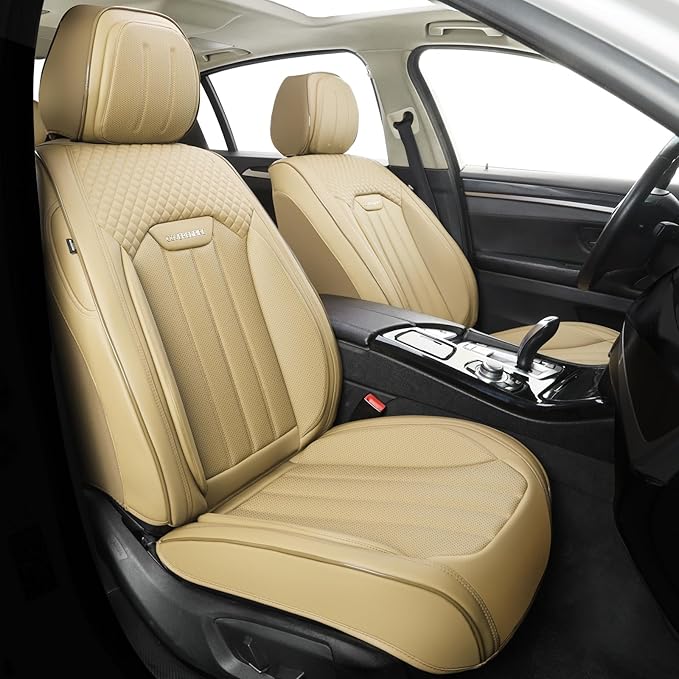 Beige Leather Seat Covers, 5 Seats Universal Car Seat Covers Full Set, Waterproof Automotive Seat Covers Breathable Front and