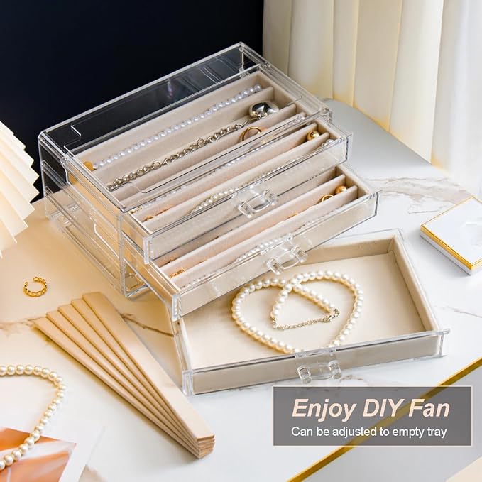 YUFONG Necklace Holder Organizer, Dustproof Necklace Box Velvet Necklace Organizer Box with Lid Clear Acrylic Dustproof Stack