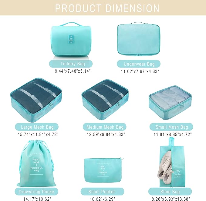Packing Cubes, 8 Pcs Travel Packing Organizers for Suitcases, Large Capacity Travel Luggage Organizers Set includes 8 Storage