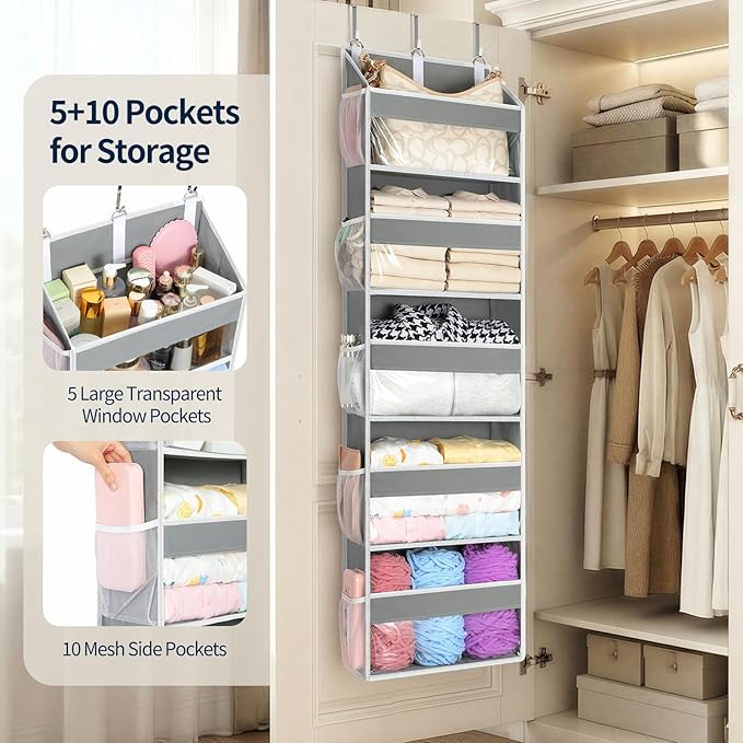 Yecaye 5 Tier Clear Over the Door Organizer Hanging, 5 Large Plastic Pockets and 10 Side Pockets Back of Door Organizer, 56lb