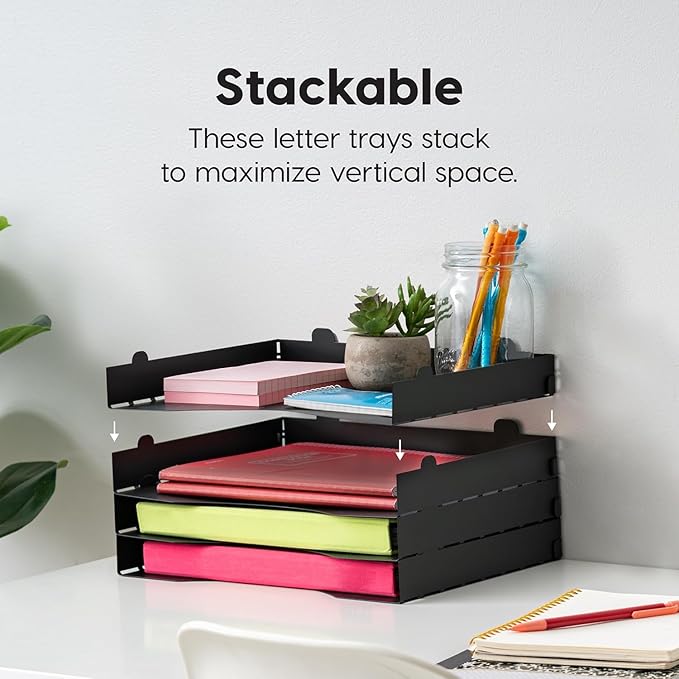 IRIS USA Metal Letter Tray Paper Organizer, 4 Pack, For Letter/A4 File Holder Paperwork Document, Stackable Desktop File Orga