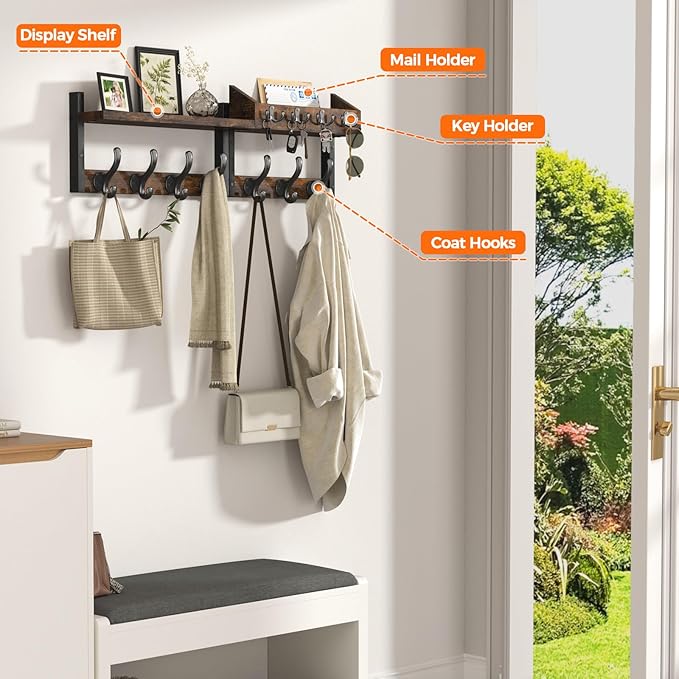 Evermagin 29" Coat Rack Wall Mount with Shelf, 4 in 1 Coat and Key Hanger with 11 Metal Hooks, Entryway Wall Mounted Shelf wi