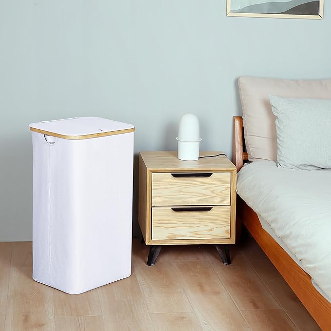 iEGrow 110L Laundry Hamper with Lid，Dirty Clothes Hampers for Laundry,Laundry Basket with Bamboo Handles and Removable Bag,Ha