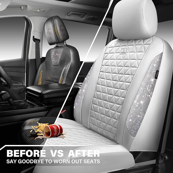 CAR PASS All White Bling Diamond Leather Car Seat Covers Full Sets,Waterproof Shining Glitter Sparkly Crystal Universal Fit f