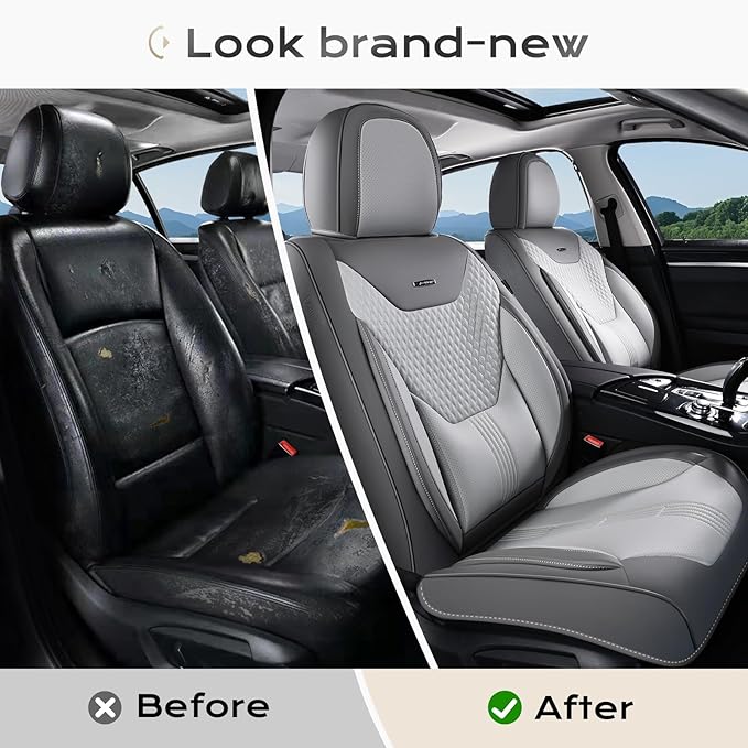 Coverado Car Seat Covers Full Set, Front Seat Covers with Lumbar Support and Back Seat Cover Waterproof Leather Automotive Se