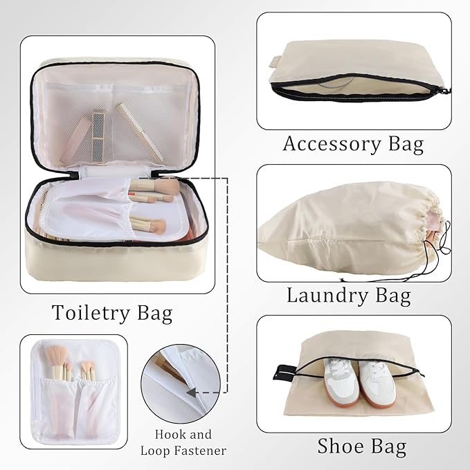 U+U 10 Set Compression Packing Cubes - Ultralight Cream Travel Organizers with Laundry Bag, Space-Saving Suitcase Organizer, 