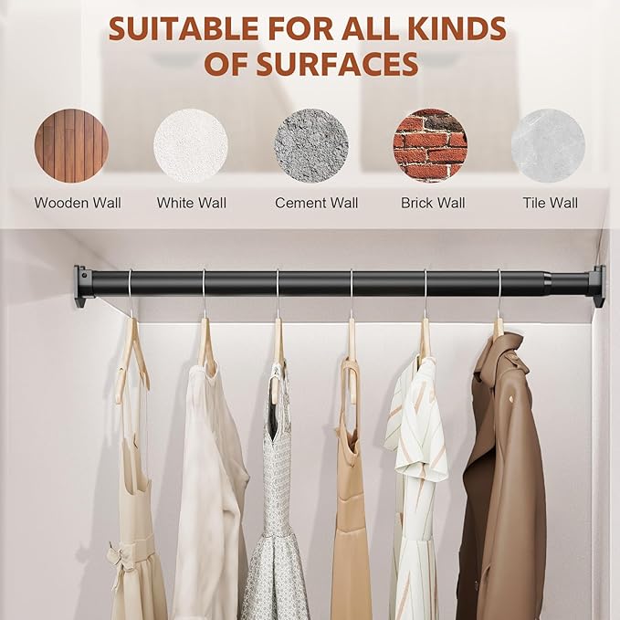 Closet Rods for Hanging Clothes, 17-70 Inch Stepless Adjustable Closet Rod, 1.3 Inch Heavy Duty Metal Clothes Hanging Rod, Ex
